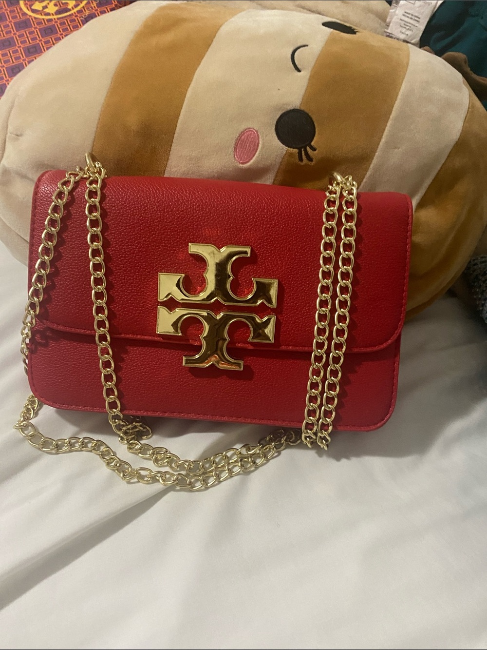 Tory Burch Red Leather Chain Crossbody with Gold Logo